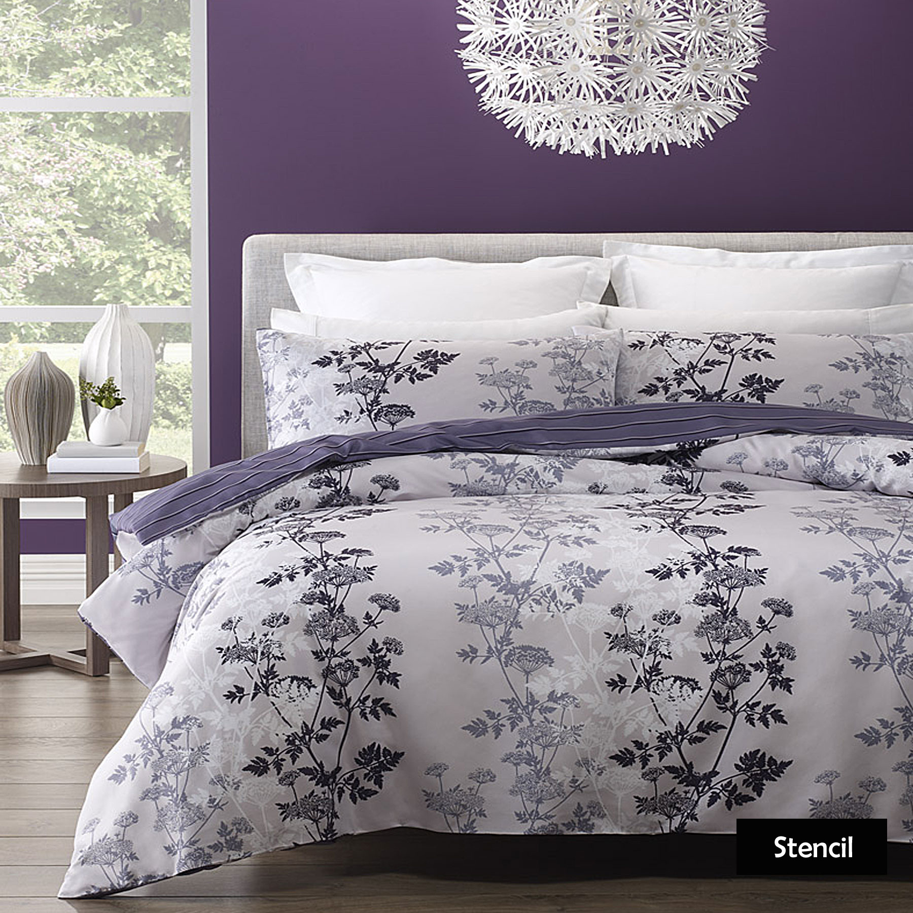 Stencil Leaf Floral Silver Mauve Quilt Cover Set Single